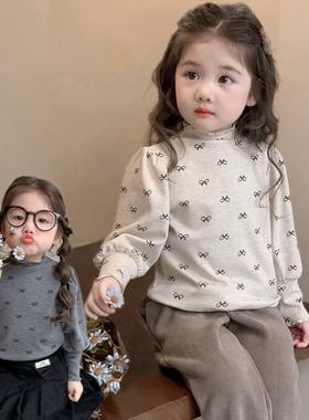 女童泡泡袖打底衫2025新款春秋季女宝宝蝴蝶结款式加绒保暖洋气潮