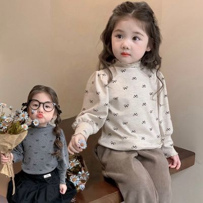 女童泡泡袖打底衫2025新款秋冬季女宝宝蝴蝶结款式加绒加厚保暖潮