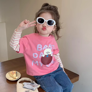 上衣女宝宝秋装 长袖 纯棉T 儿童洋气秋季 女童假两件t恤春秋2025新款
