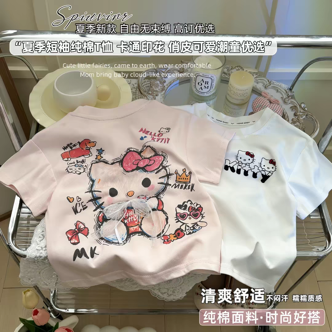 2026新款夏季儿童卡通印花短袖T恤男女童宝宝纯棉半袖KT猫上衣 - 实物图
