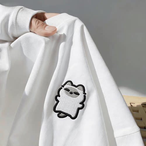 禧衫纯棉宽松可爱小猫刺绣长袖T