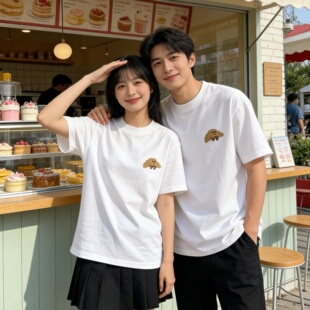 夏季 T恤卡通情侣装 宽松上衣高级感穿搭 牛角包头像刺绣短袖 禧衫