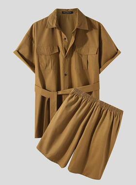 2022跨境外贸夏季纯色男式短袖短裤休闲圆领套装1412-TZ02-P60