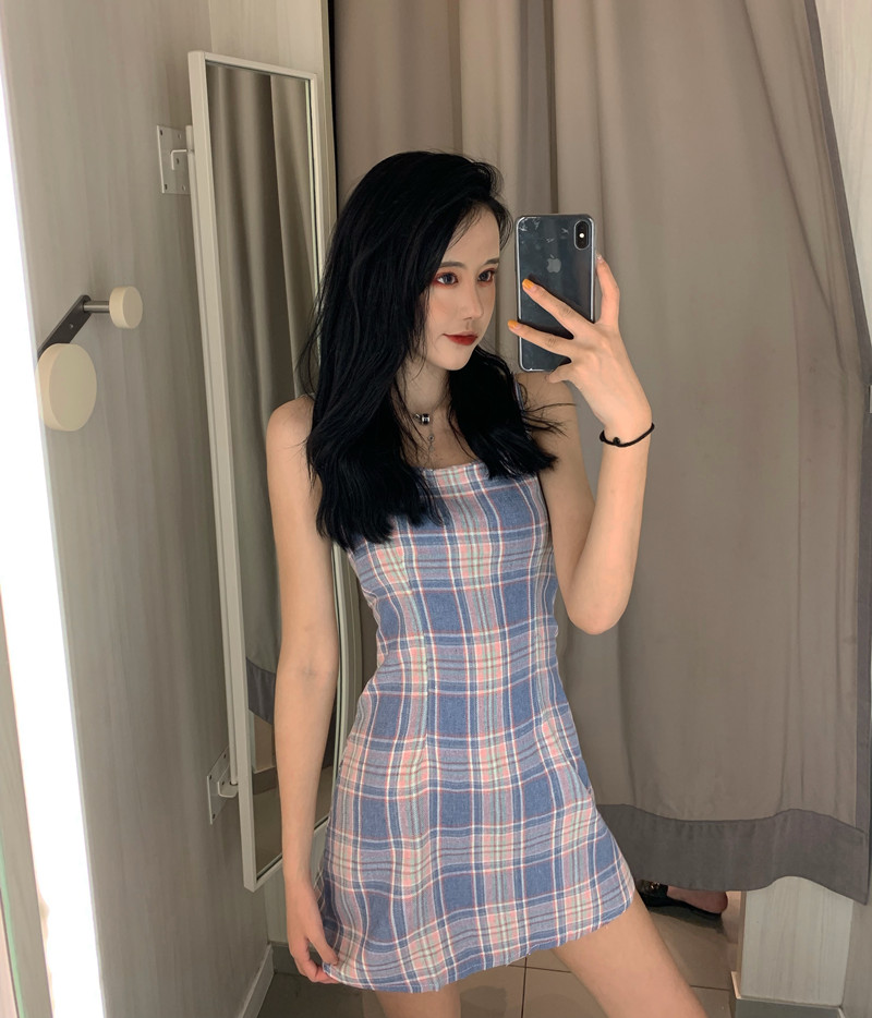 Real shot new slim off shoulder sleeveless dress Plaid suspender skirt