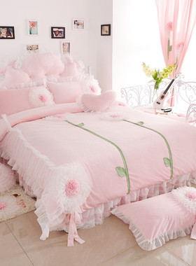 婚庆保暖加厚短毛绒四件套韩式蕾丝花朵床裙公主风床上用品  冬款