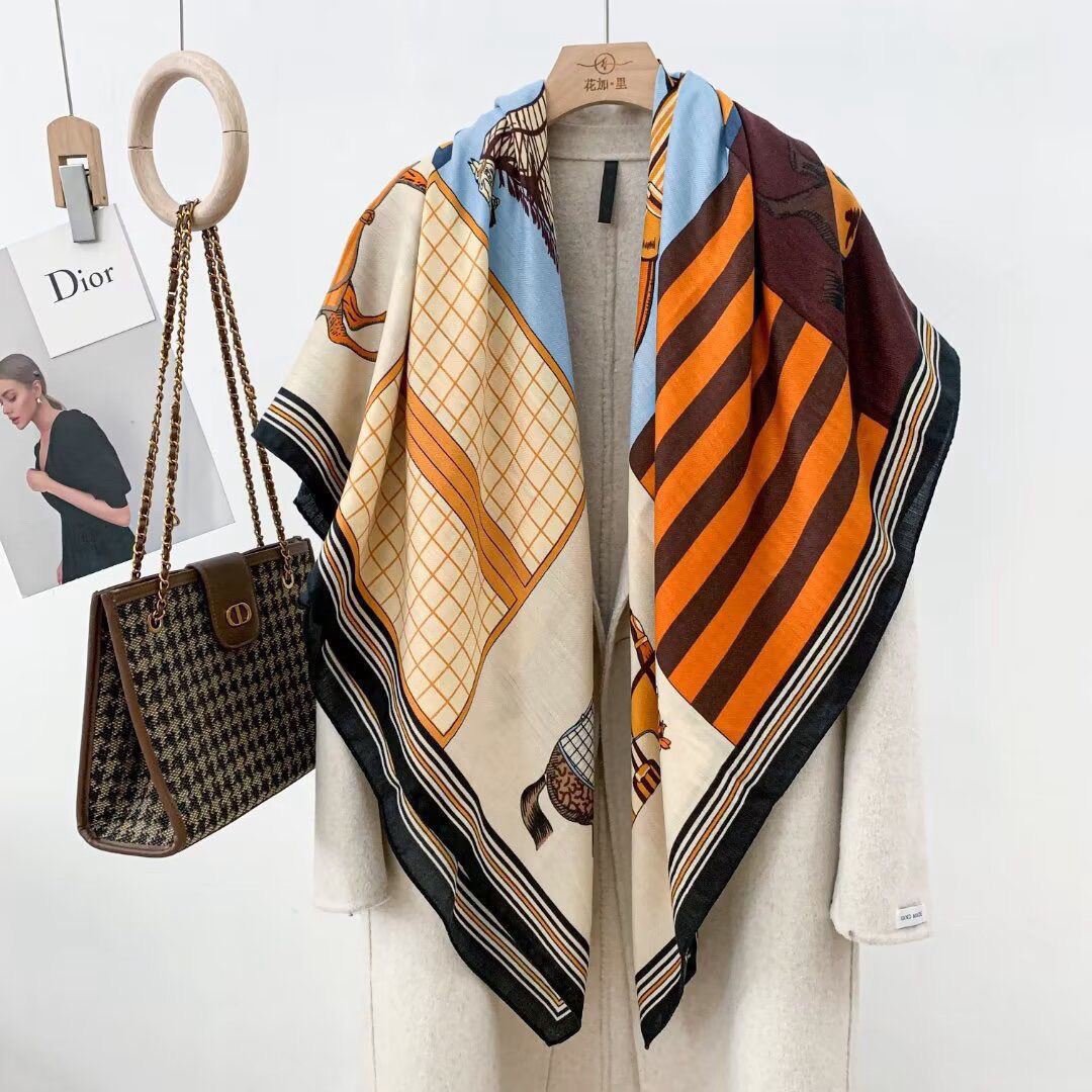 橘白配色!时髦气质马春秋季大方巾丝毛手工卷边围巾披肩两用女