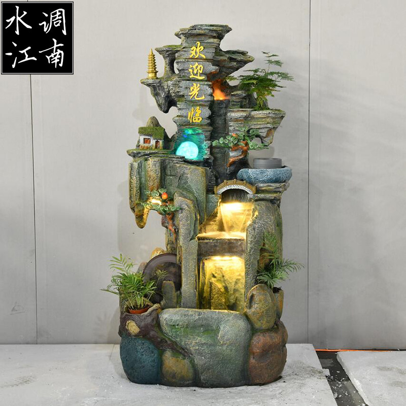 中式风田园布景落地摆件假山流水