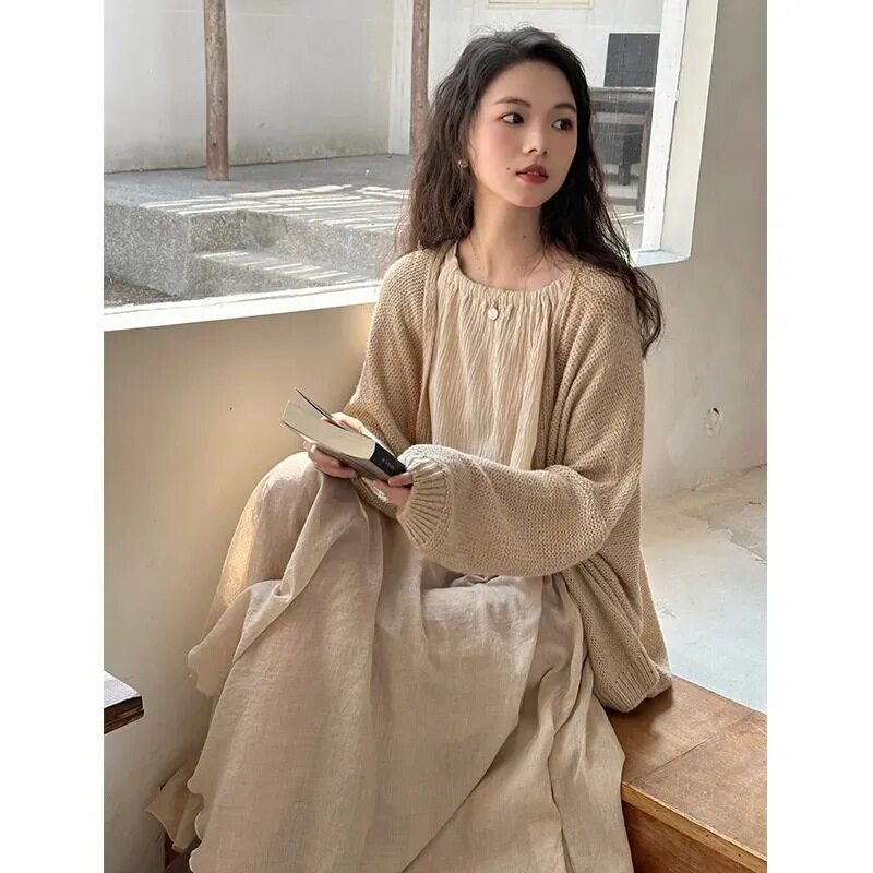 文艺度假风三件套女装秋季慵懒风针织开衫棉麻挂脖背心大摆半身裙