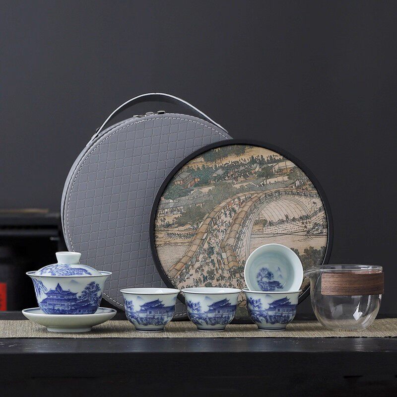 复古青花瓷旅行茶具套装