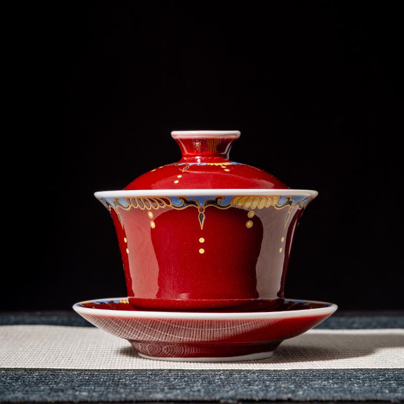 郎红釉敦煌三才盖碗茶杯珐琅彩陶瓷家用茶具泡茶碗杯不烫手小套组