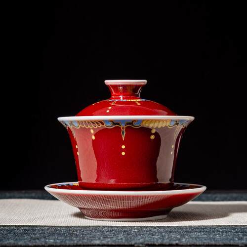 郎红釉敦煌三才盖碗茶杯珐琅彩陶瓷家用茶具泡茶碗杯不烫手小套组