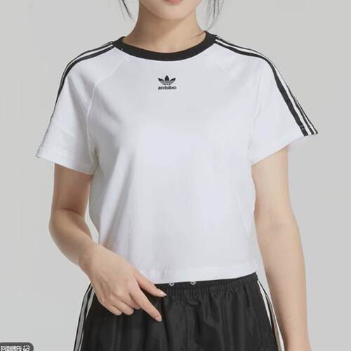 adidas阿迪达斯三叶草女T恤春夏三条纹短款高腰短袖运动服JC8704