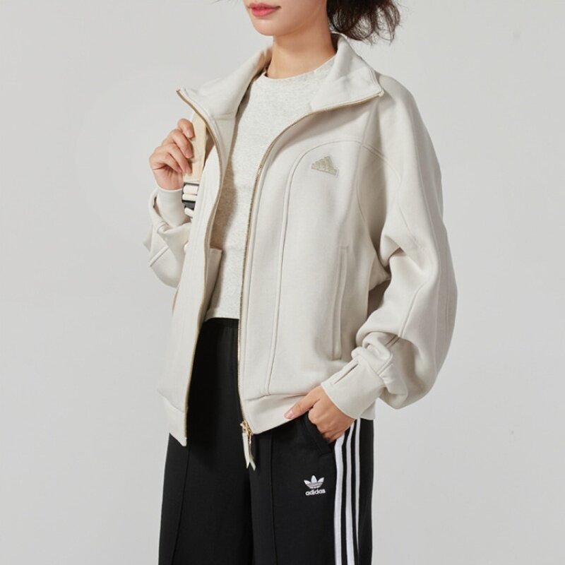 阿迪达斯2024冬季新款女生针织夹克外套拉链运动休闲简约 JJ3566