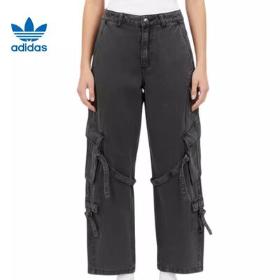 阿迪达斯三叶草女水洗牛仔裤刺绣工装风多口袋长裤KU9535 KU9536