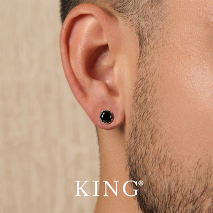 KING官方圆形纯银耳钉男款潮高级感痞帅黑色复古单只耳环男生耳饰