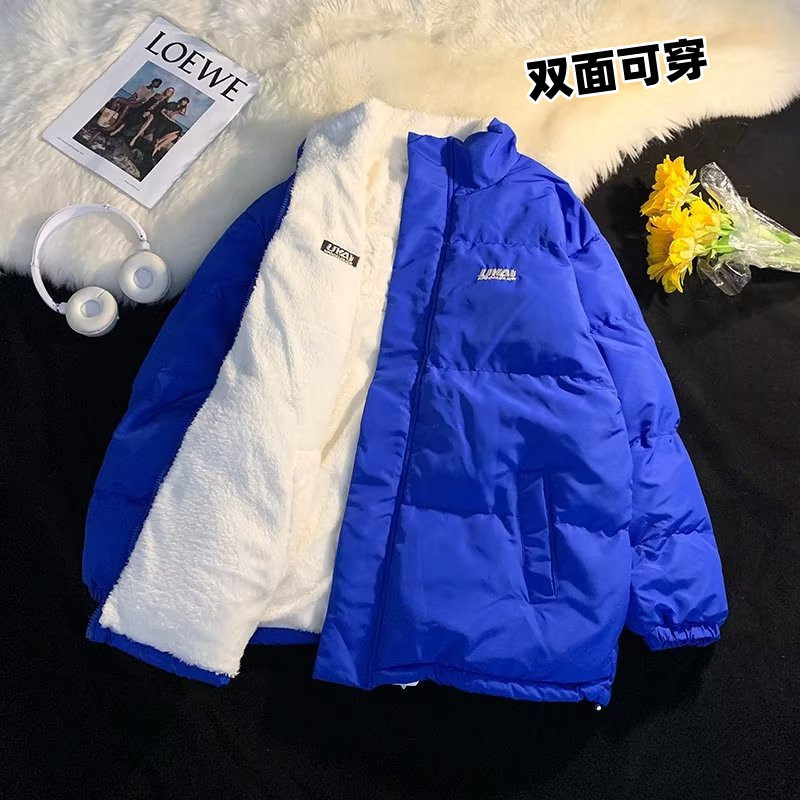 克莱因蓝两面穿棉服男女冬季加厚潮牌宽松ins情侣羊羔毛棉衣外套