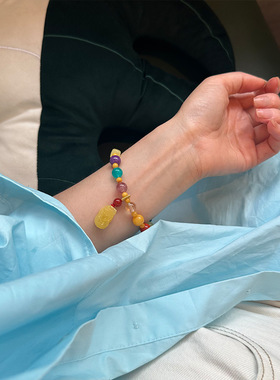925纯银蜜蜡彩色多宝手链女新中式手工串珠弹力绳天然石手饰2024