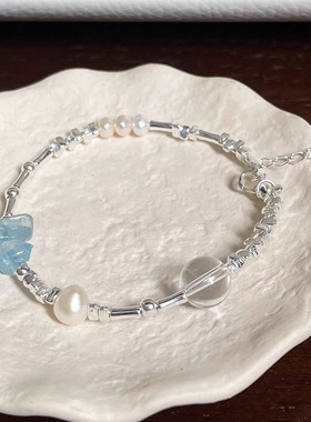 s925纯银不规则海蓝宝淡水珍珠手链女ins小众设计白水晶碎银手串