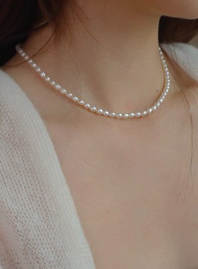 2024新款天然小珍珠淡水5-6mm项链锁骨链925纯银米型微瑕配饰脖颈