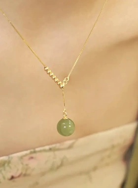 925纯银和田碧玉项链轻奢简约小众设计感复古转运珠锁骨链女 代发