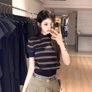 韩版学院风polo领条纹针织短袖T恤女夏季修身显瘦百搭设计感上衣