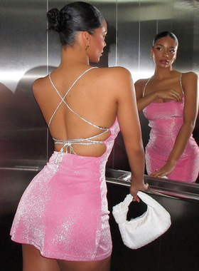 2025欧美风y2k辣妹气质性感闪闪露背绑带mini修身收腰吊带连衣裙