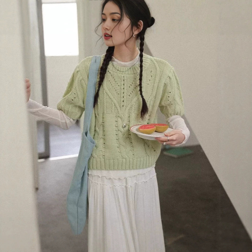韩系春秋薄荷绿麻花纹针织短袖女图片