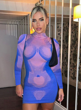 欧美风女装2023秋季新款INS人体修身印花显胸长袖包臀连衣裙dress
