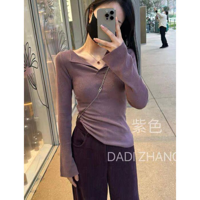 紫色V领修身羊绒衫女长袖秋冬季简约纯色显瘦软糯针织打底衫上衣