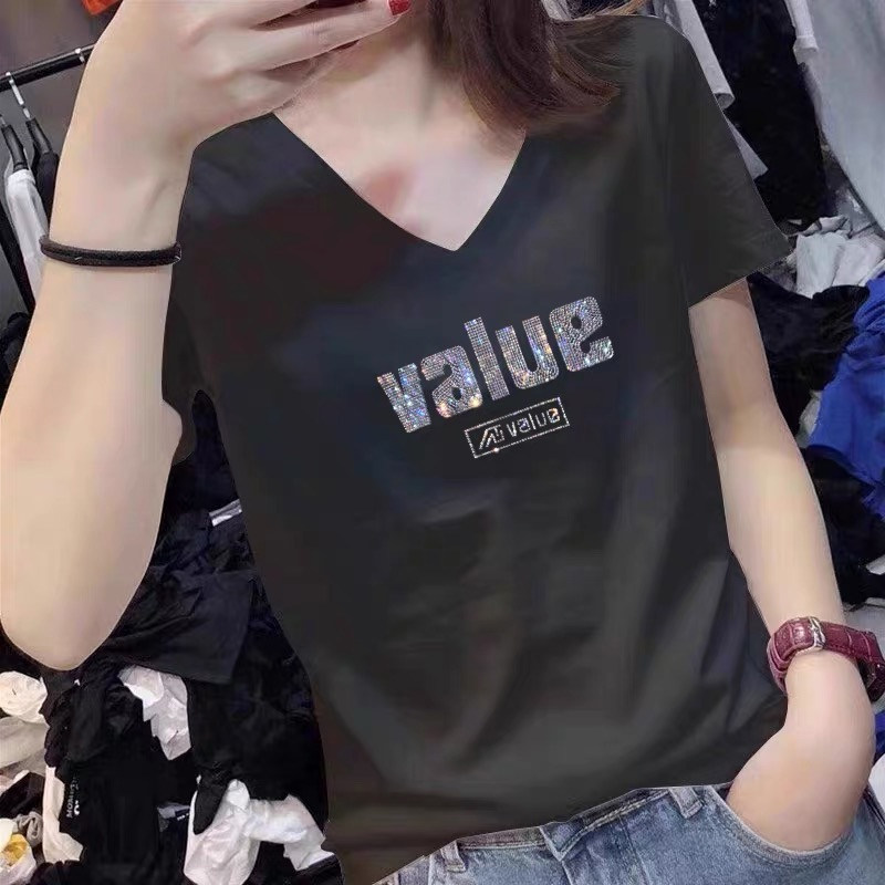 重工定制镶钻纯棉V领短袖t恤女2026夏季新款宽松大码半袖上衣体恤