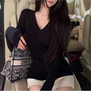 毛衣女春秋冬装 打底衫 V领法式 针织衫 上衣 内搭长袖 设计感高弹修身