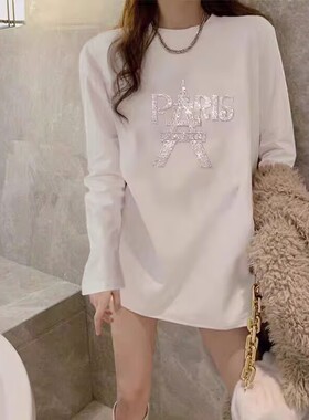 设计感重工烫钻纯棉t恤女长袖2026秋冬季新款宽松大码中长款上衣