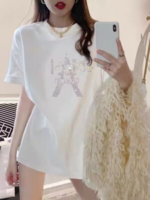 欧洲站重工烫钻t恤女短袖2025年夏季新款纯棉中长款宽松大码体恤