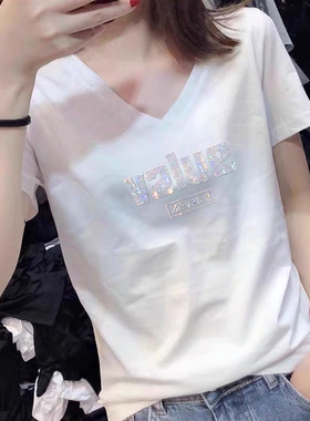 欧洲站烫钻纯棉短袖t恤女夏季新款休闲运动V领正肩上衣半袖体恤潮