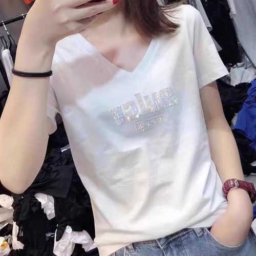 欧洲站烫钻纯棉短袖t恤女夏季新款休闲运动V领正肩上衣半袖体恤潮
