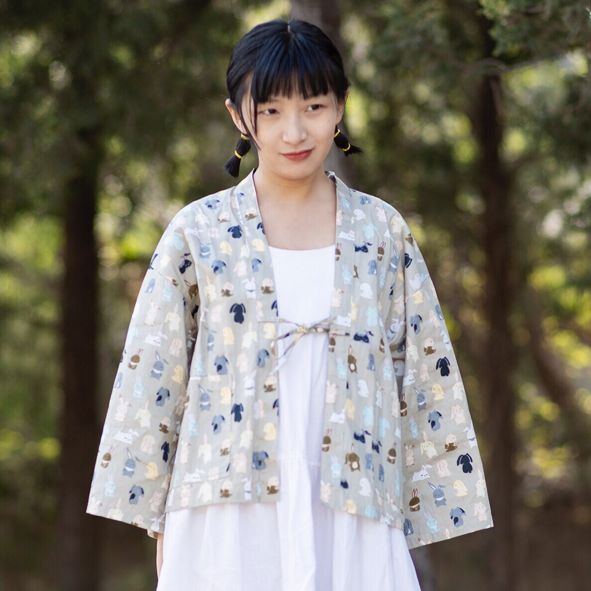丘山独立设计卡通兔子童趣印花日式和服开衫羽织外套防晒上衣