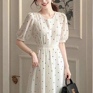 白色波点雪纺连衣裙女2025年新款夏季轻奢高级感端庄大气显瘦裙子