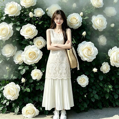高级感法式复古重工镂空假两件百褶无袖背心连衣裙女气质长裙子夏