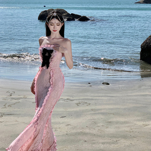 实拍虞书欣同款性感辣妹风小众蕾丝抹胸连衣裙氛围感修身长裙