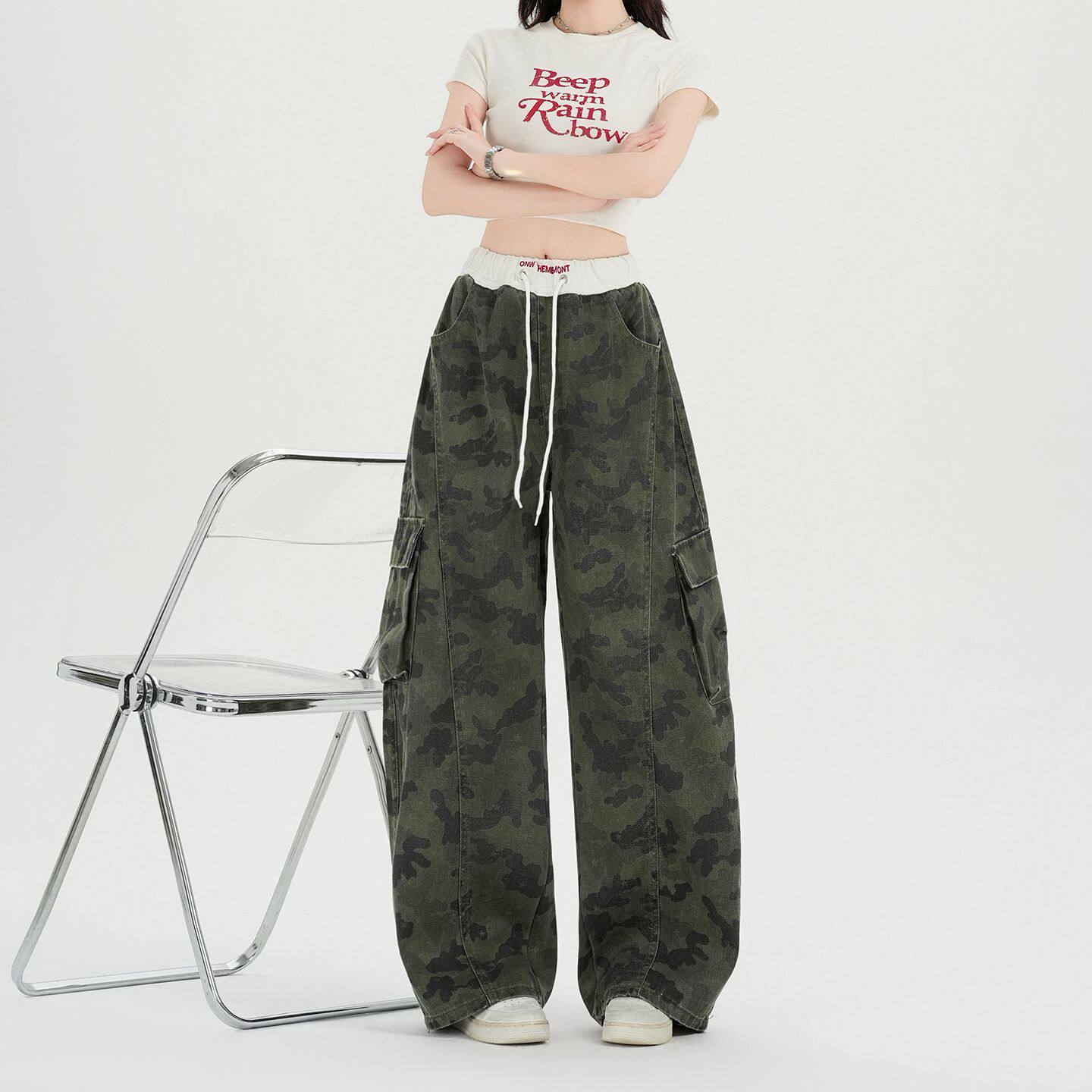 实拍实价~美式复古迷彩工装裤子女夏季新款阔腿裤显瘦垂感休闲裤