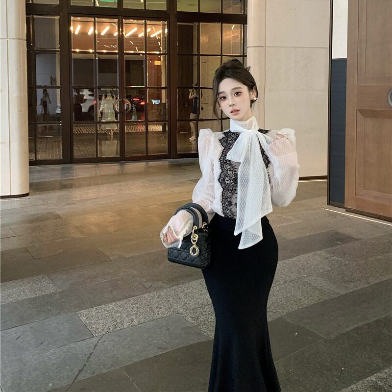 实拍实价气质千金双层波点网格透视纱绑带领结设计女蕾丝衬衣女