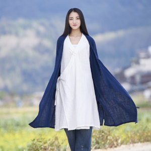 森女棉麻开衫中式改良汉服手工中国风盘扣长款系带衬衣外套女