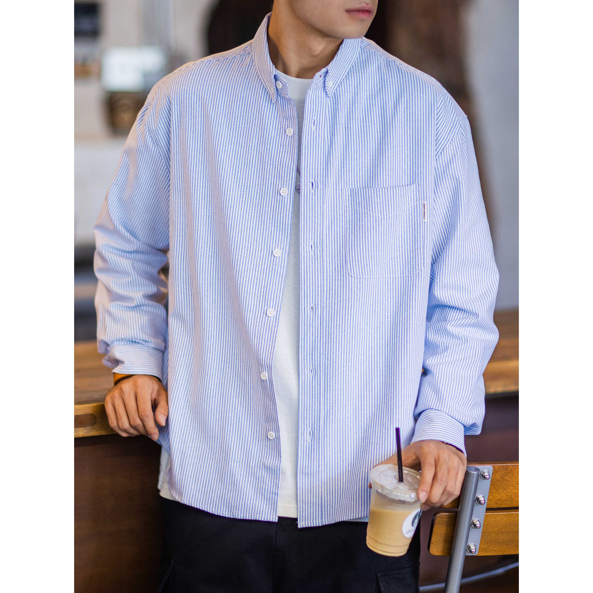 宽松休闲工装廓形长袖竖条纹上衣