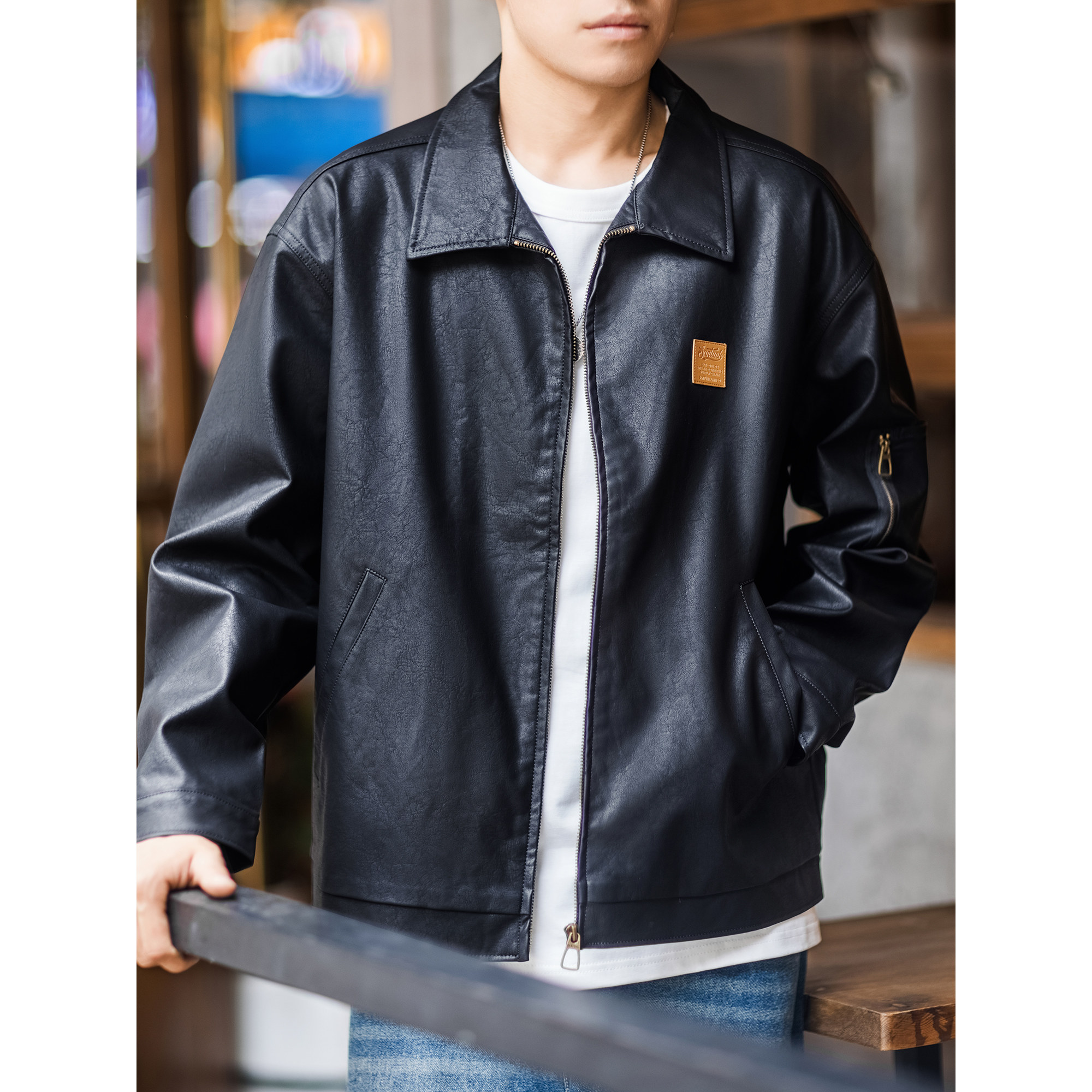 上弹工装 cleanfit简约皮衣男宽松休闲美式复古翻领外套PU皮夹克,男装,皮衣,淘宝优惠券,粉丝福利购,淘宝优惠卷