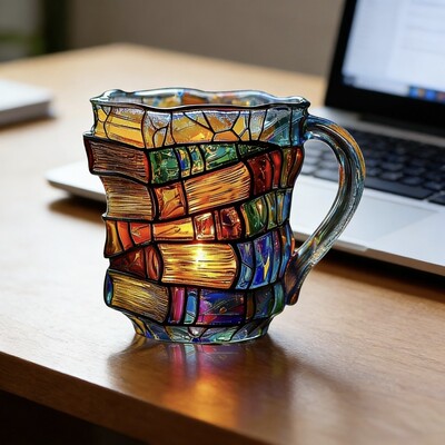 跨境新品Painted Book Mug彩绘书杯玻璃杯大容量加厚带把咖啡杯