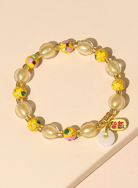 高级感潘家园珐琅繁花系琉璃手链黄色金箔景泰蓝手串景区饰品手链