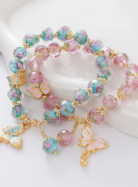 公主风玫瑰花园蓝色琉璃手链女款小众轻奢蝴蝶吊坠手串高级感手饰