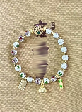 北京白色景泰蓝手串莲蓬掐丝珐琅繁花系金箔潘家园景区女手链饰品