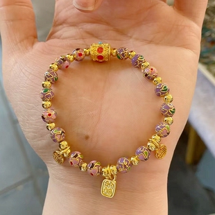 北京景区紫色景泰蓝潘家园手串掐丝珐琅繁花系金箔琉璃手链饰品