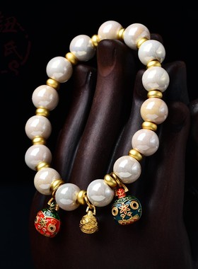 珍珠白色香灰瓷吞金兽一家三口手串女手链饰品礼物